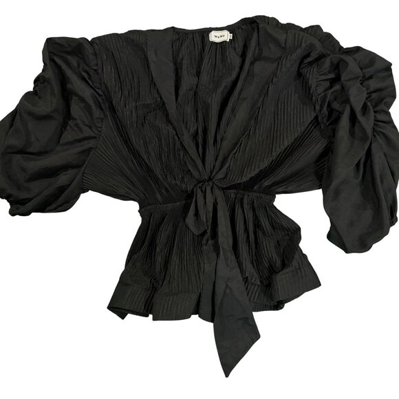 Wowo Tops - Black WoWo Pleated Puff Sleeve Wrap Top With Tie - Size XXL